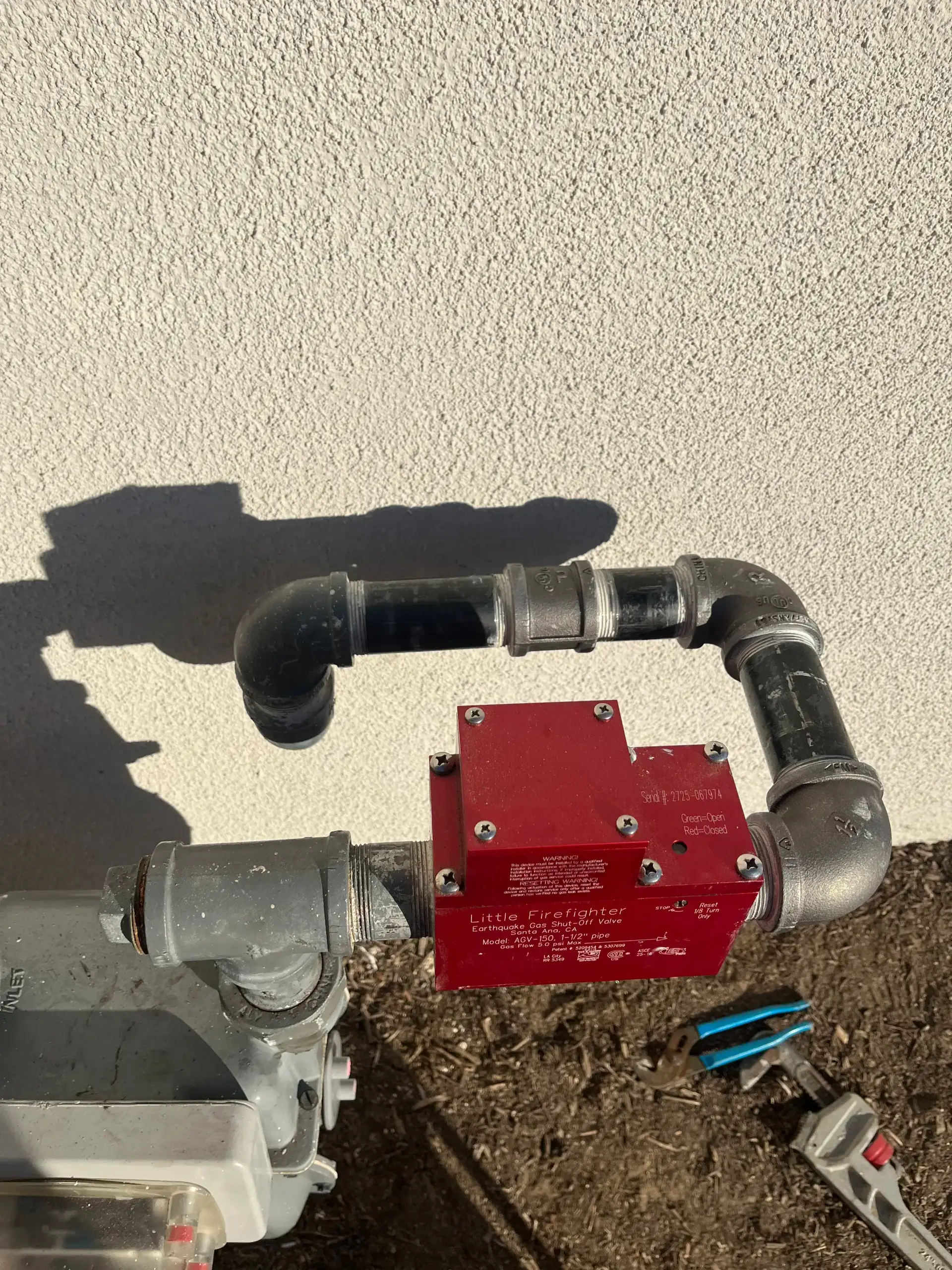 Gas line with Little Firefighter seismic shutoff valve installed by Regal Plumbing & Rooter in Pomona, CA